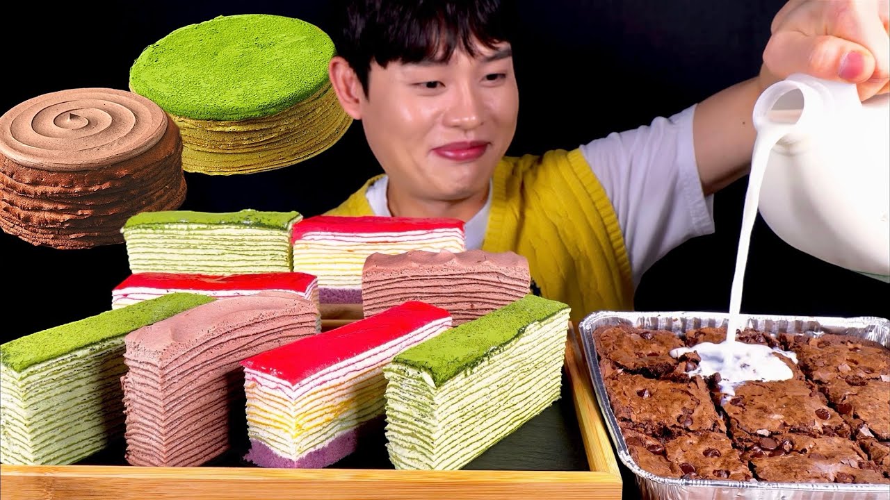 ASMR 말차크레이프 초코크레이프 레인보우크레이프스틱 더블초코브라우니 우유 말아먹방~!!! Green Tea Cholate rainbow crepe Sticks MuKBang~!!