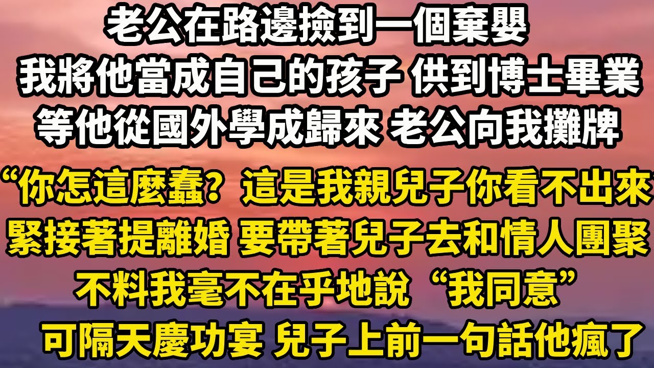 老公在路邊撿到一個棄嬰。我將他當成自己的孩子 供到博士畢業等他從國外學成歸來 老公向我攤牌“你怎麼這麼蠢？這是我親兒子你看不出來？”