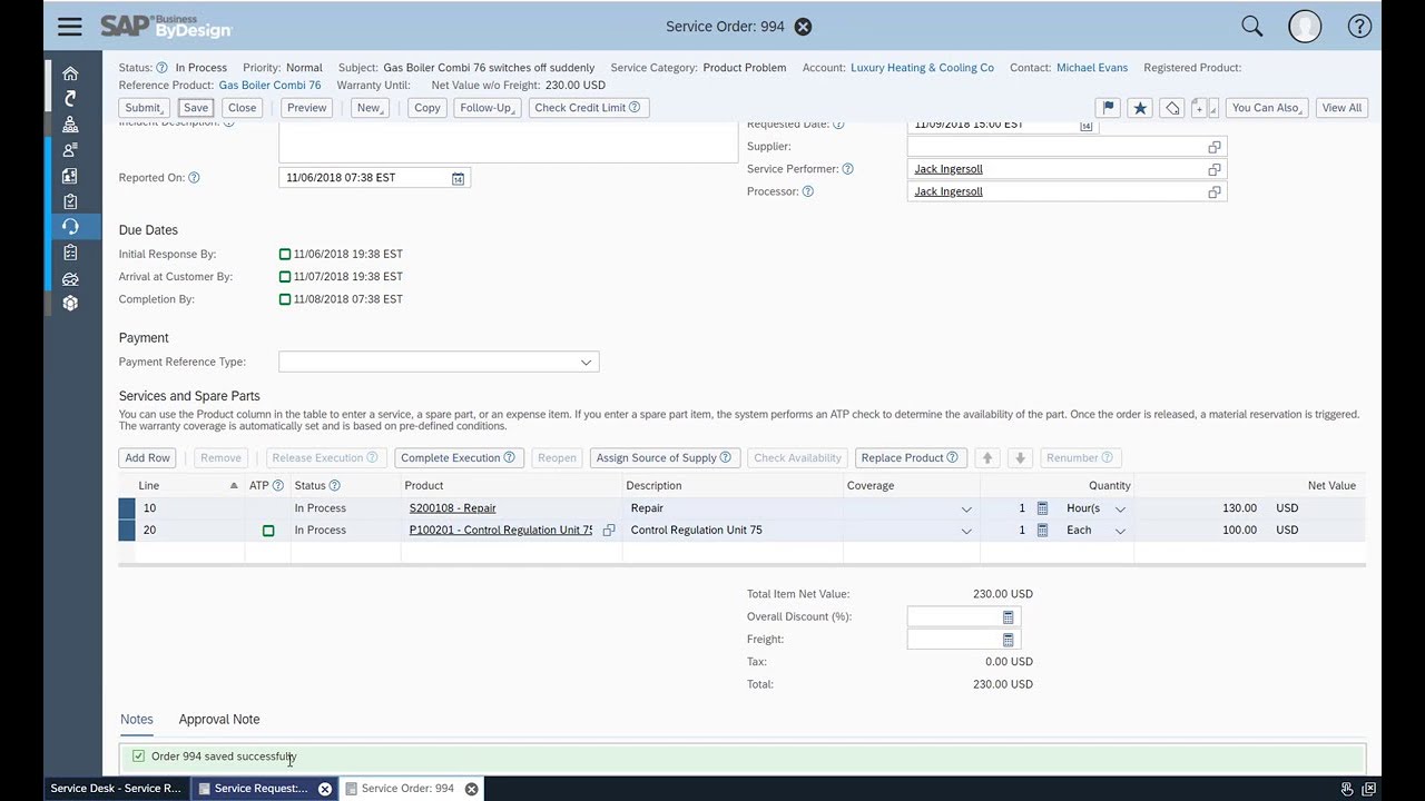 SAP Business ByDesign - Create Service Order From Service Request
