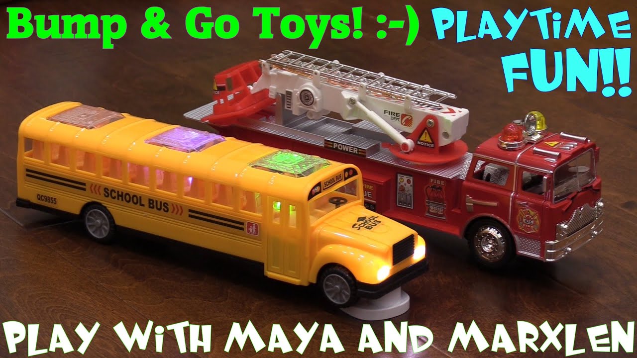 Car Toys: Bump & Go School Bus and Fire Truck Toys w/ Lights and Sounds Unboxing & Playtime