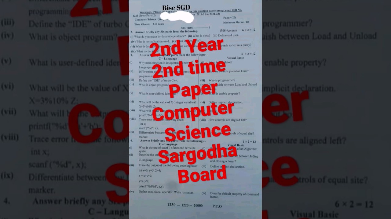 2nd Year 2nd time Paper Computer Science Bise Sargodha