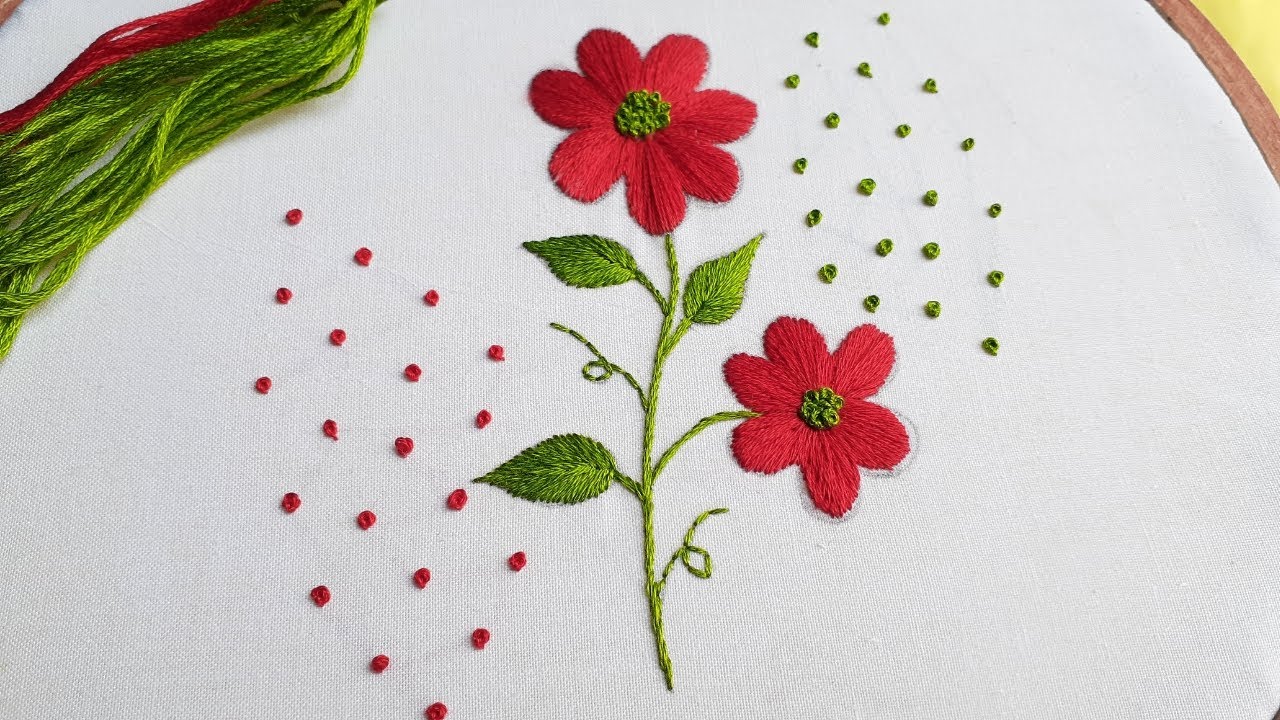 Satin Stitch/Bharwan Tanka, Stem Stitch/Dandi Tanka, Hand Embroidery, Flower Design | F Designing