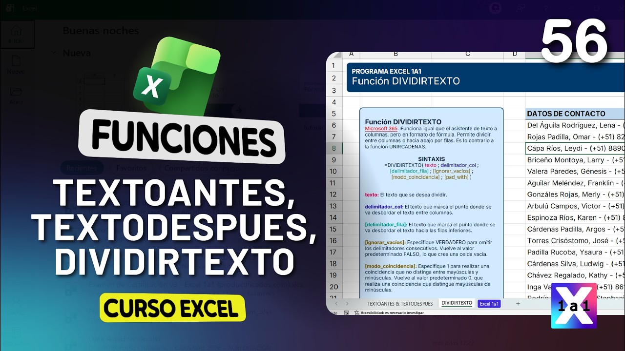 56 | Funciones TEXTOANTES, TEXTODESPUES, DIVIDIR TEXTO explicados paso a paso - 👑Curso Premium 2026