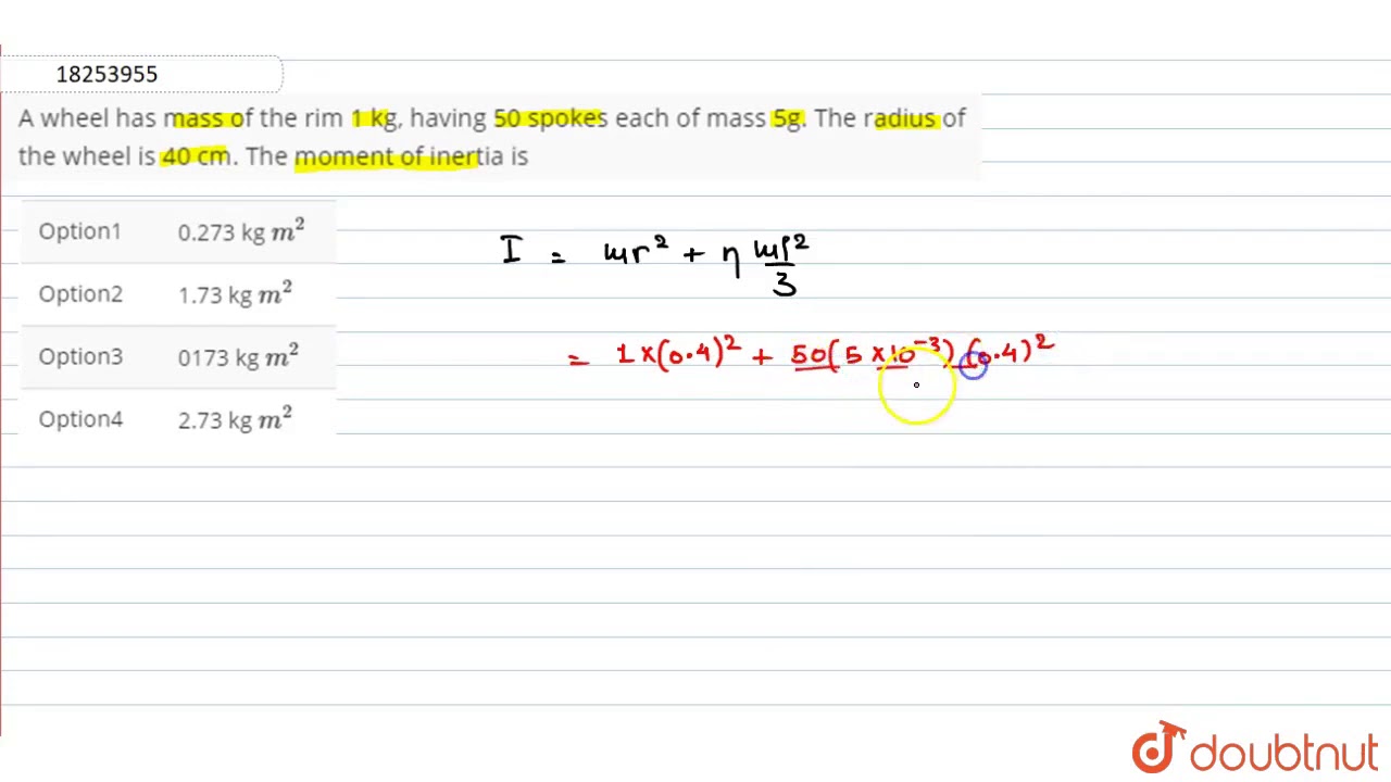A wheel has mass of the rim 1 kg, having 50 spokes each of mass 5g. The radius of the