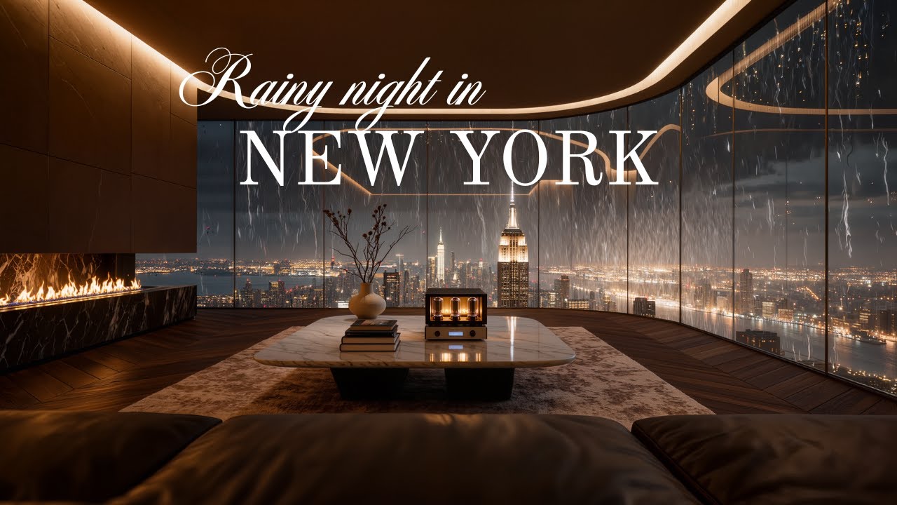 Cozy New York Apartment Ambience 🌧️ | Rain on Window & Fireplace Sounds | 1 Hour [4K]