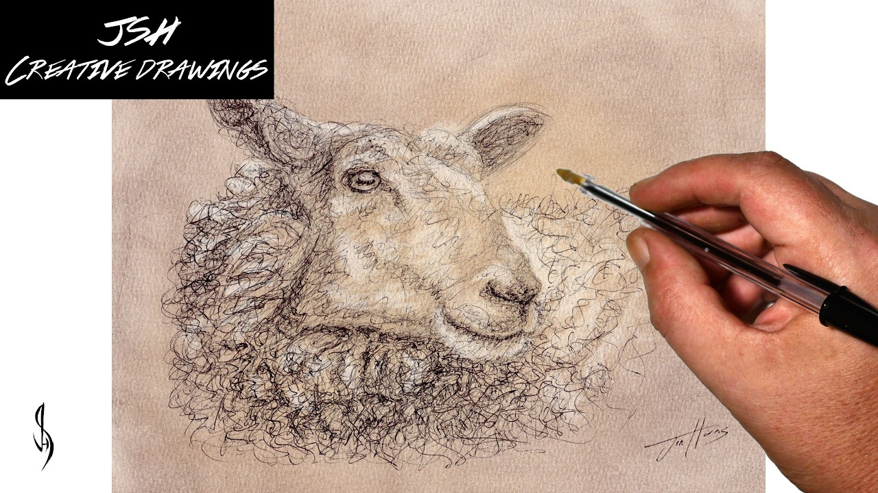 Drawing of a Sheep with a Biro Pen and Pastels