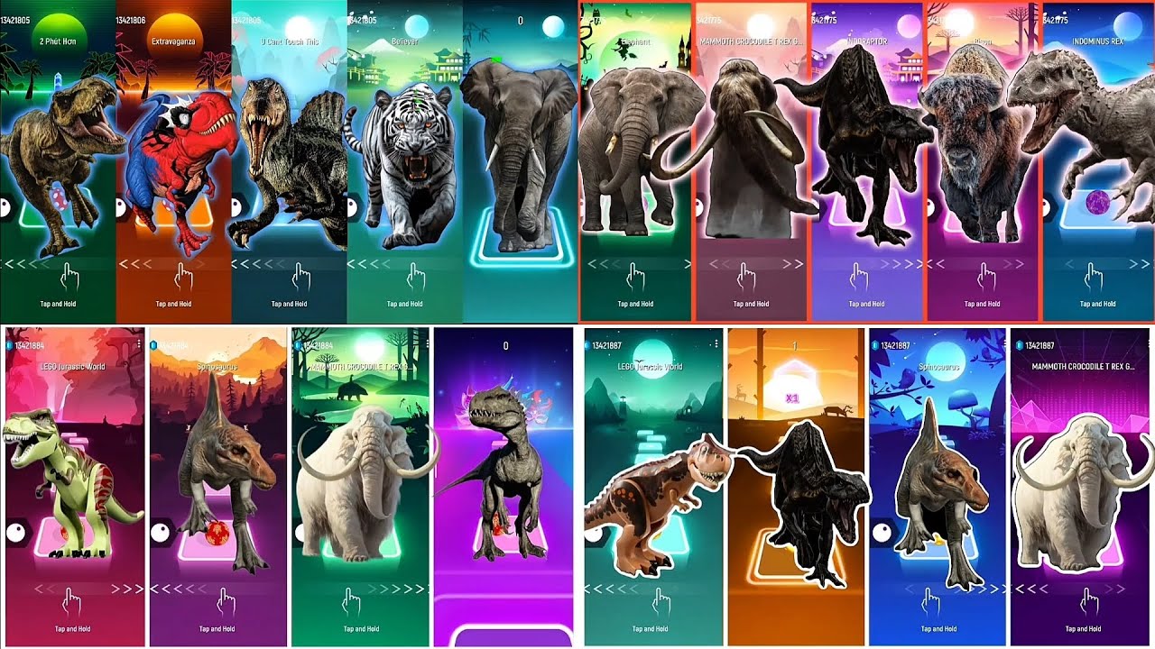 🎵 Spinosaurus vs T-Rex Spiderman vs Mammoth – Tiles Hop EDM Battle (LEGO Jurassic World)