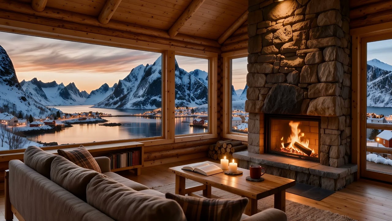 Fireside Fjord Sunset ❄️🔥 | Cozy Log Cabin Overlooking a Snowy Nordic Village