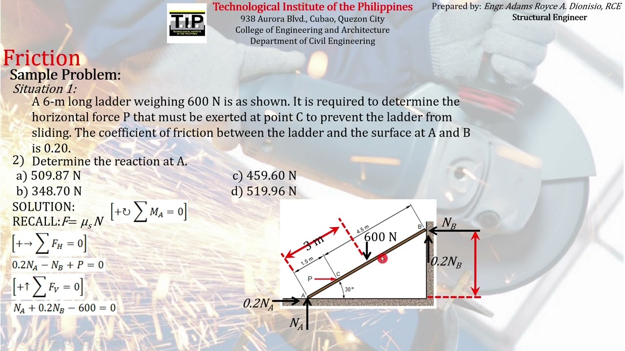 12 Dry Friction Sample Problem | Ladder Problem | Friction