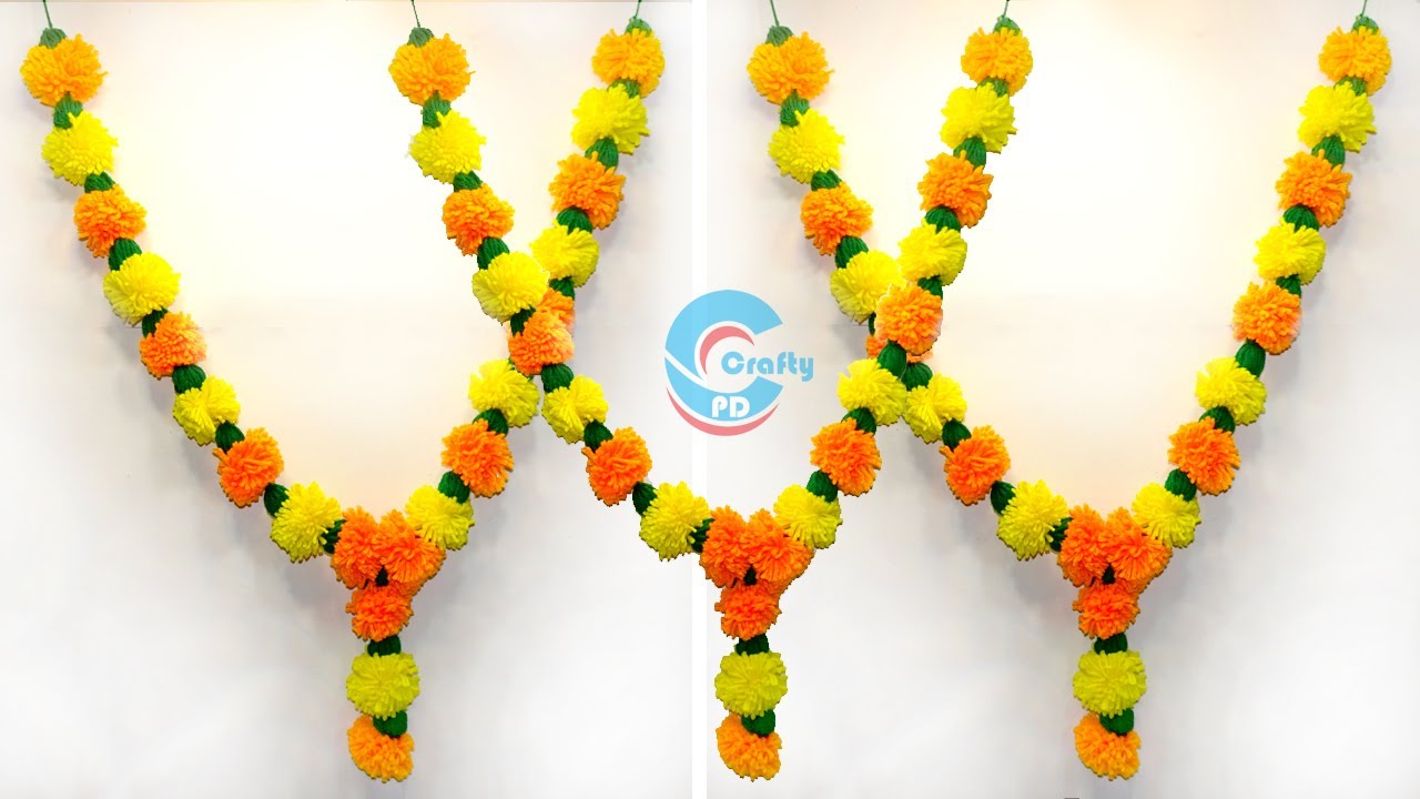 How to make marigold garland with wool | Woolen mala craft | Woolen marigold decoration ideas