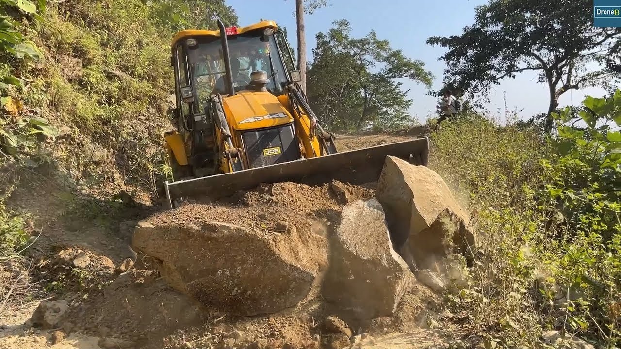Eroded Narrow Old Mountain Road-Passing Vehicles-Managing Logs-JCB Backhoe