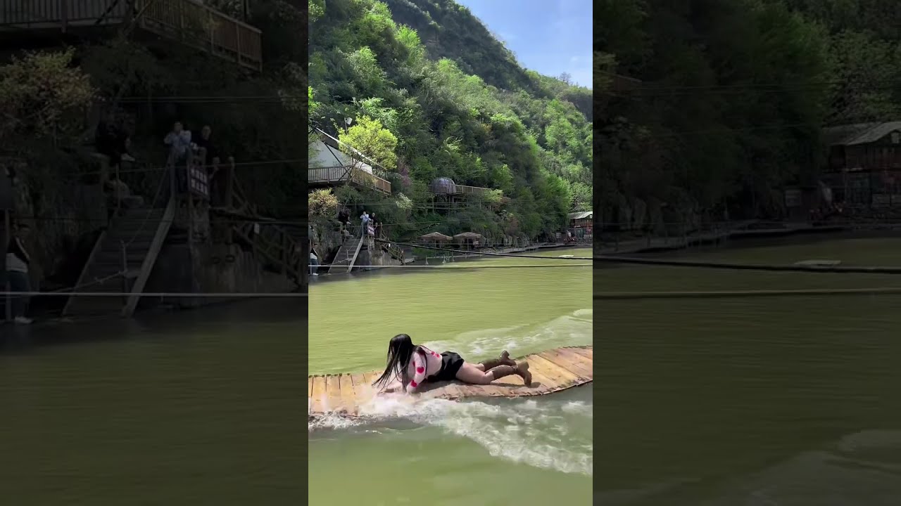 Get wet long boots and fall down when she running floating bridge