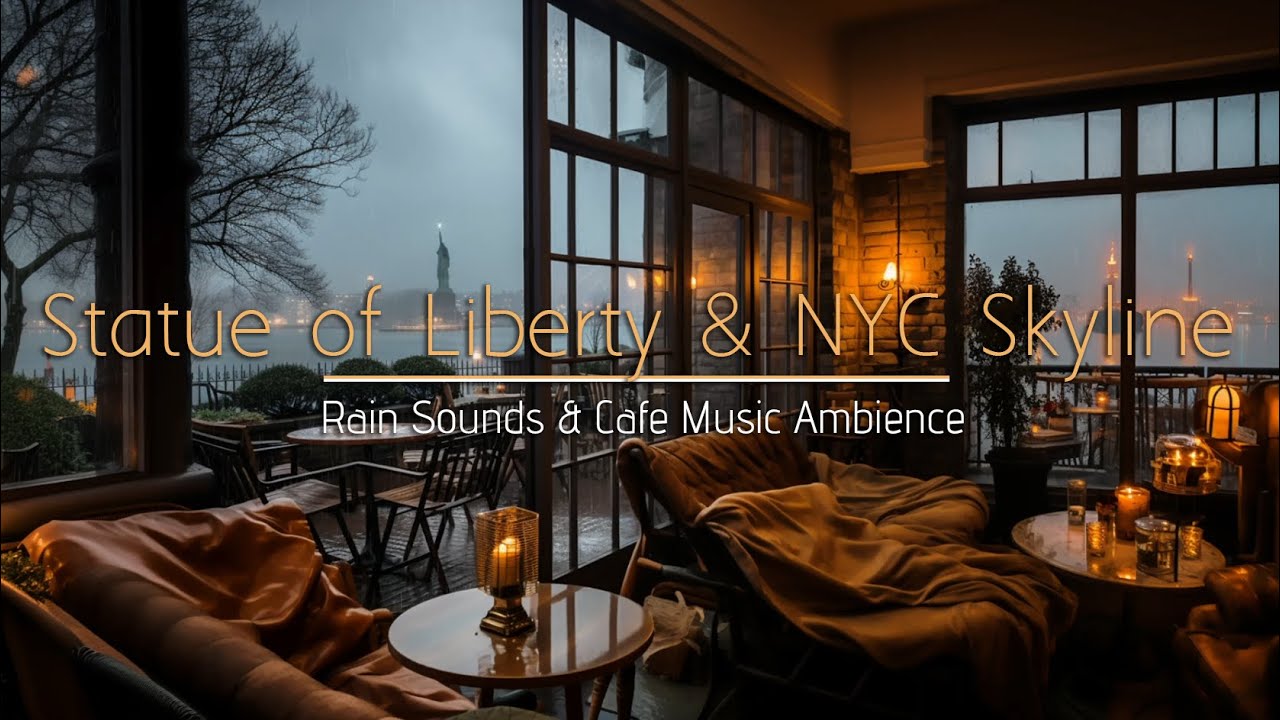 Rainy Day & Cafe Music Ambience | Statue of Liberty & NYC Skyline Views | Sleep, Study, Work, Relax