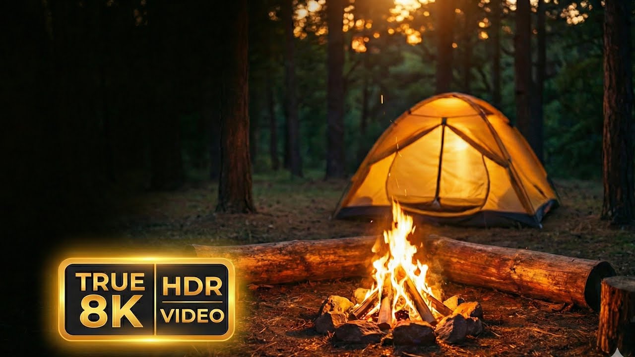Crackling Campfire Ambience at Night in 8K HDR | Cozy Forest Tent Relaxation