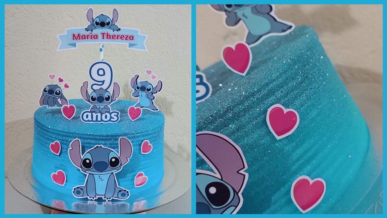 Bolo Stitch | Menina | 9 anos | Topper | Redondo | Chantilly azul | Glitter | Chocolate | 2 kg.