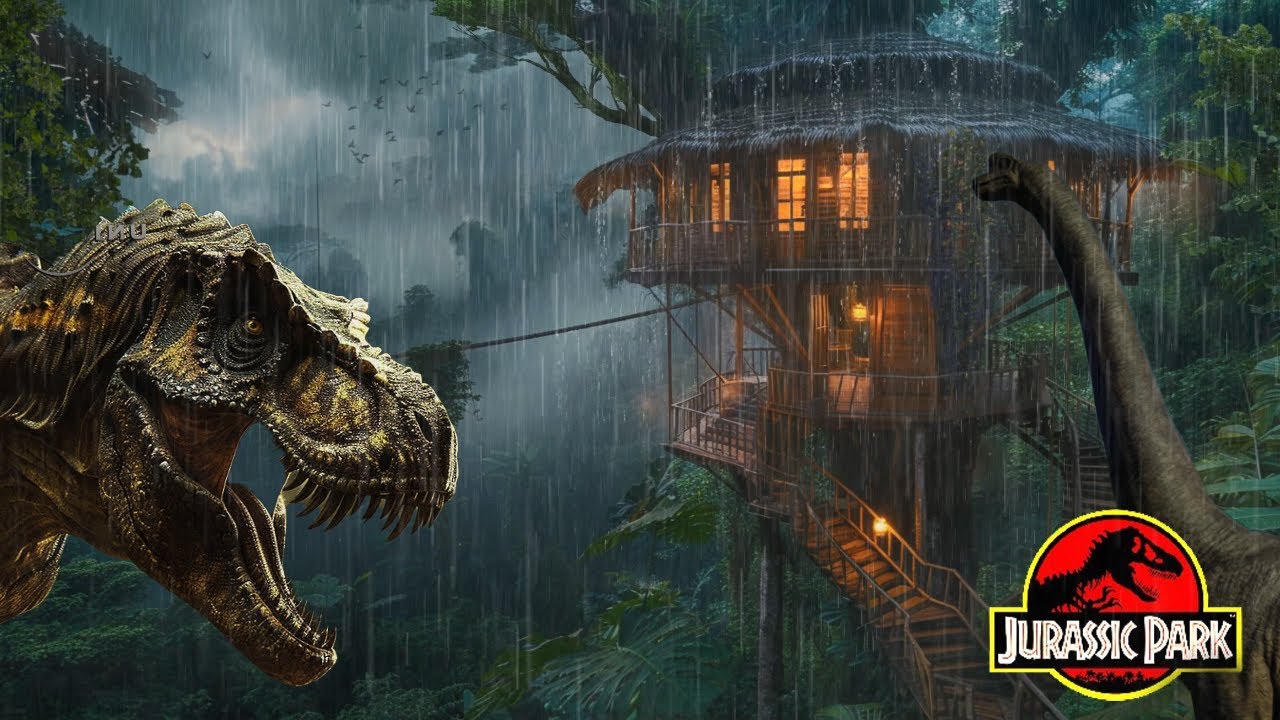 Fall Asleep to Rainfall on a Jurassic Treehouse | Rain Ambience with Dinosaur Roars | ASMR