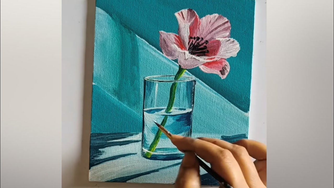 How to paint a blooming tulip flower in a glass vase acrylic painting 