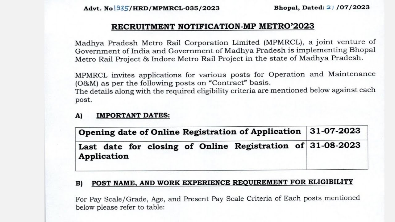 MP Metro Recruitment 2023 l MPMRCL vacancy 2023 salary & Eligibility full details l govt jobs