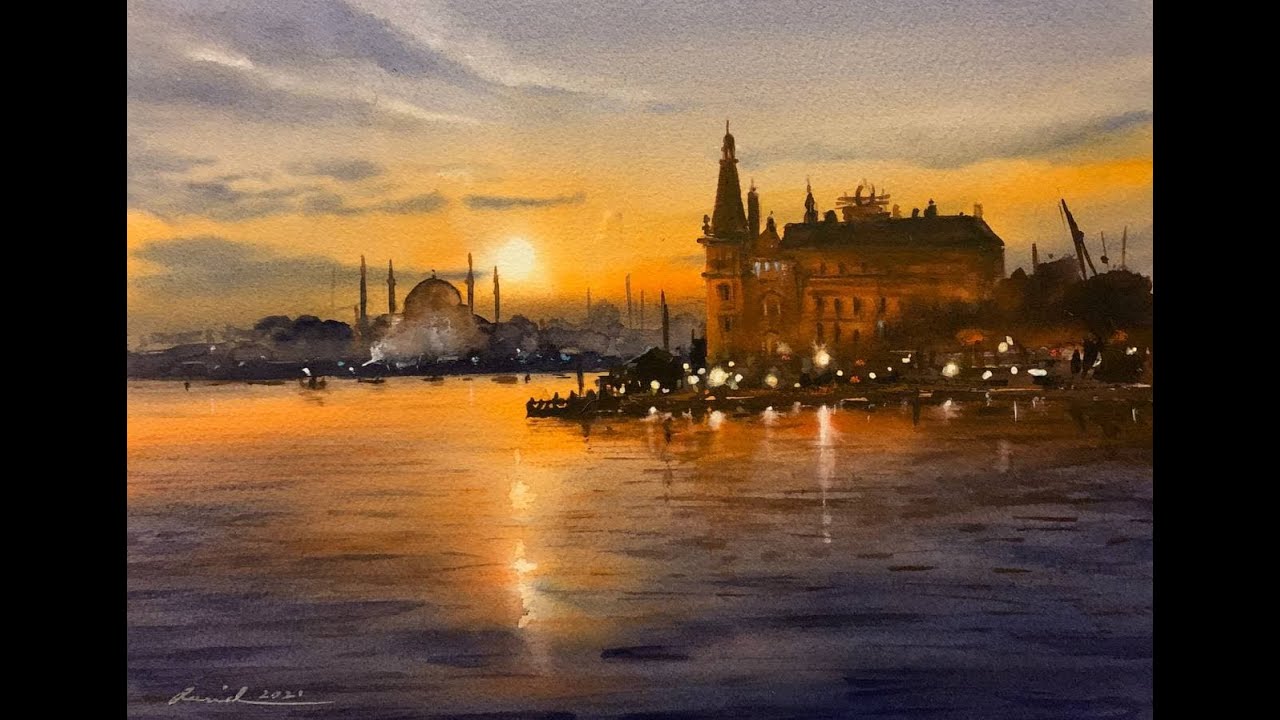 How to paint cityscape in watercolor painting demo by javid tabatabaei