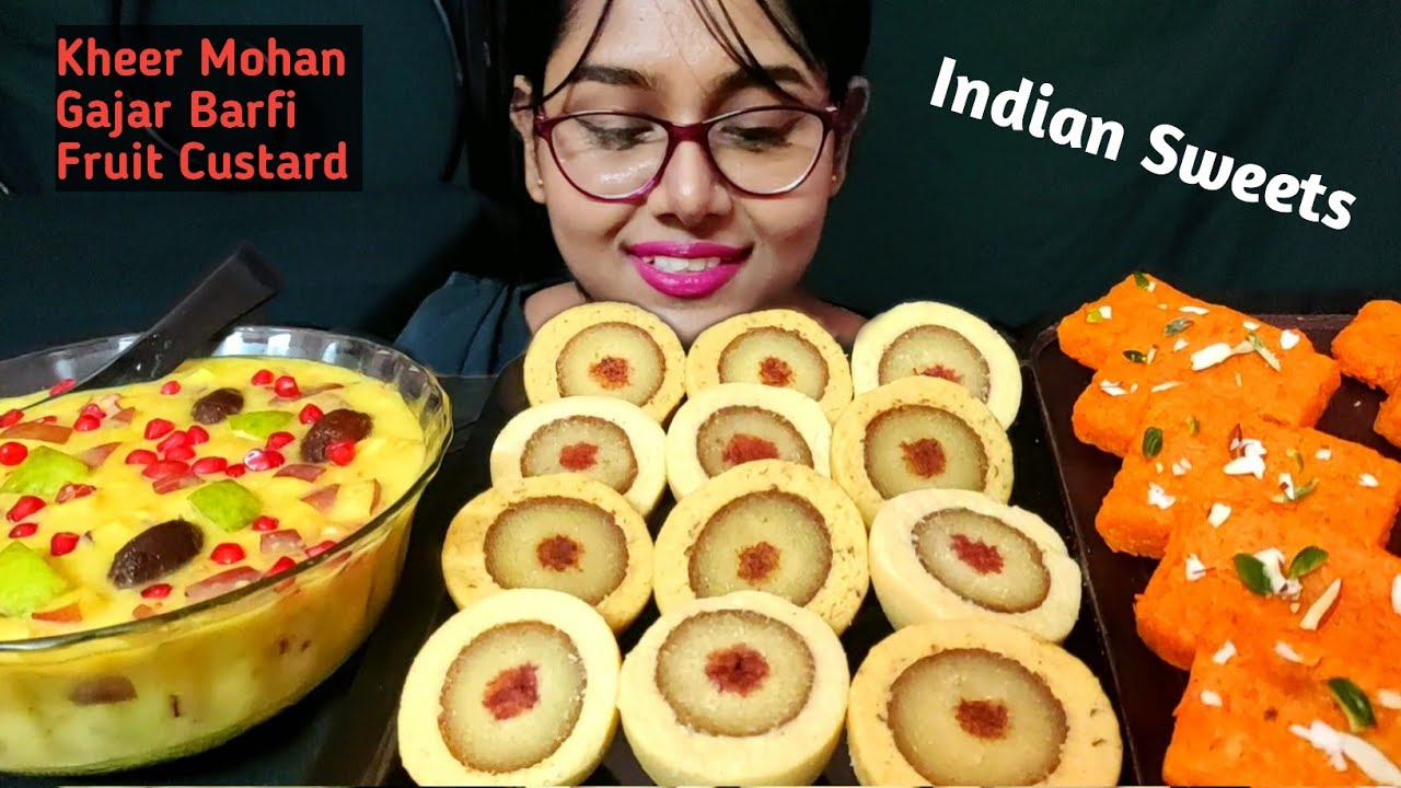 Eating Indian Sweets | Eating Kheer Mohan, Fruit Custard, Gajar Barfi | Big Bites