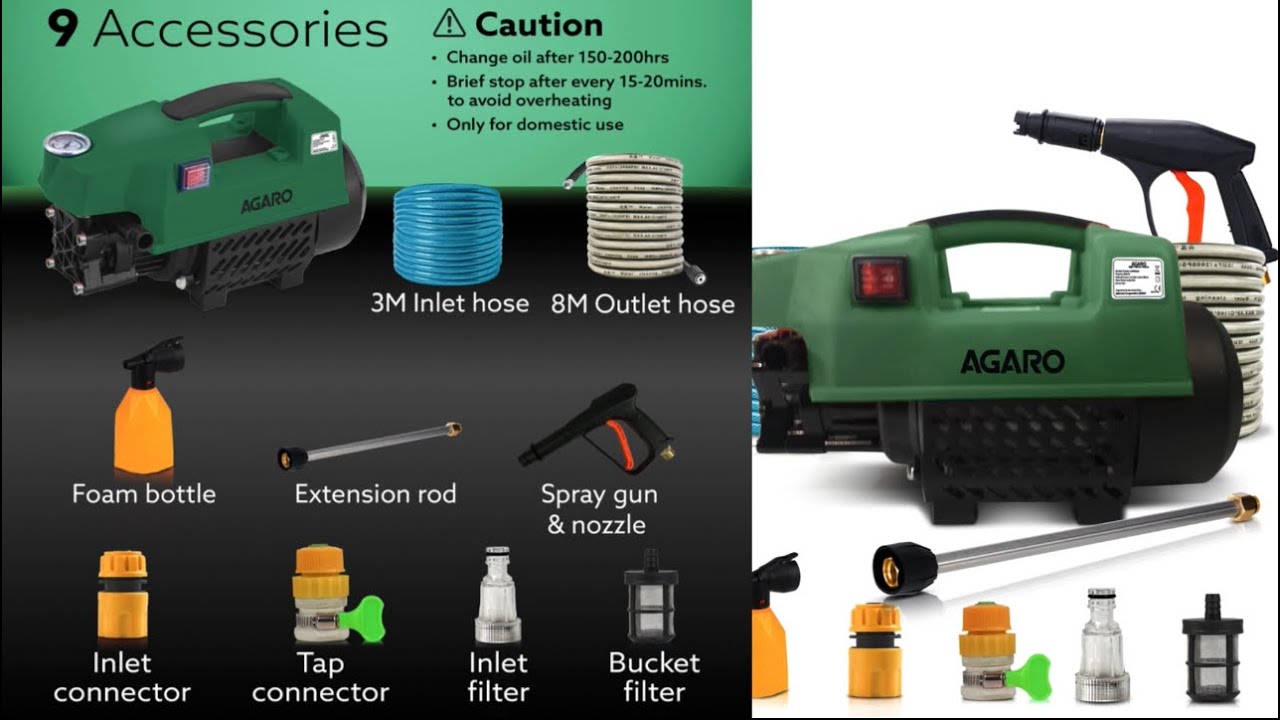 AGARO Supreme 1800 Watt, 120 Bar, 6.5L/Min Flow Rate, 4 Mtr Outlet Hose, Green Pressure Washer