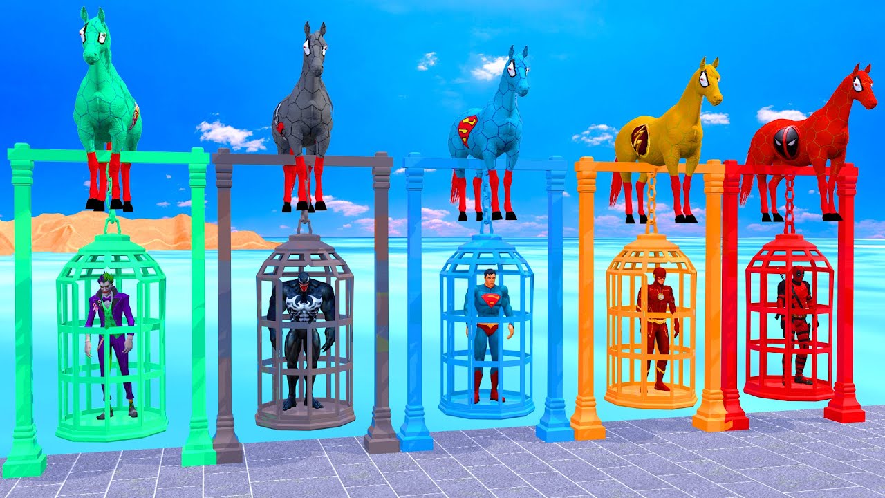 RED HORSE SPIDERMAN CROSSING FOUNTAIN ON RAINBOW SPIDERS BRIDGE AGAINST SHARKS RESCUE ANIMALS GAME