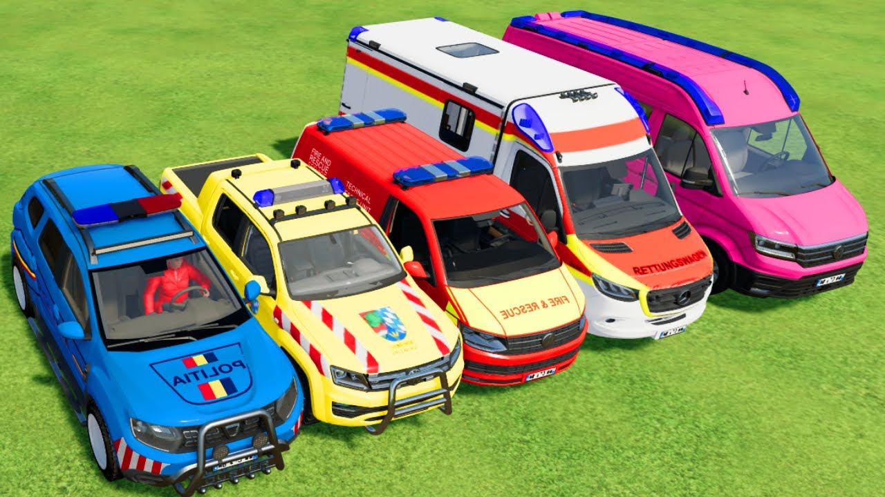 DACIA, PEUGEOT POLICE CARS & MERCEDES AMBULANCE and FIRE DEPARTMENT VEHICLES TRANSPORTING ! FS22