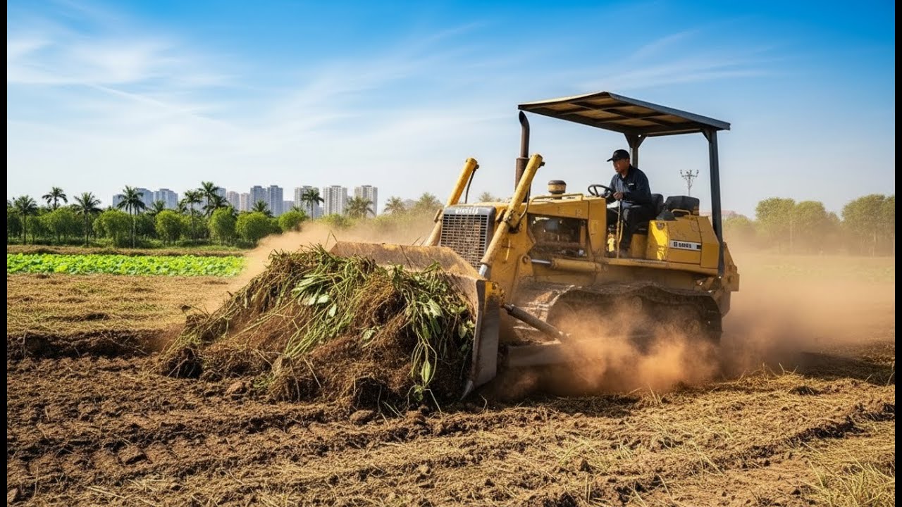 Bulldozer Pushing Massive Vegetation During Land Clearing Heavy Machinery Cutting Through Dense