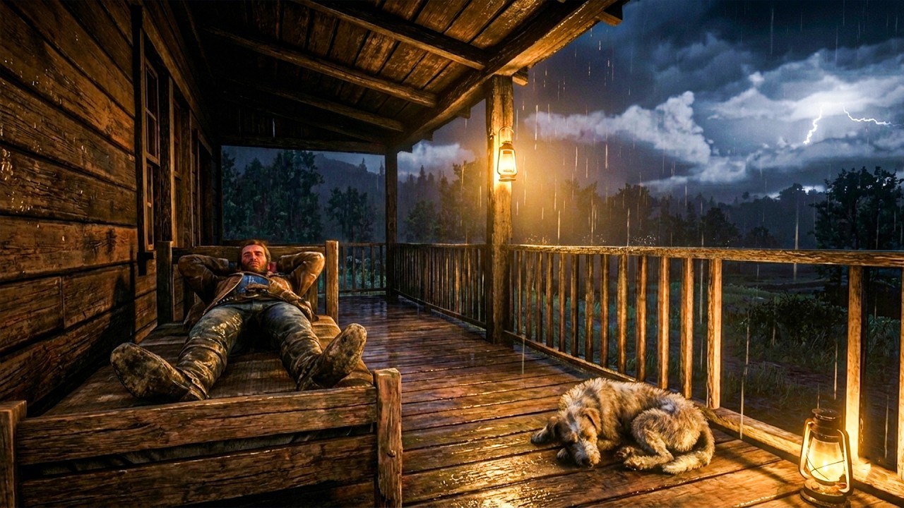 Friedlich auf einer Bank schlafen unter einem Holzdach bei starkem Regen | RDR2 ASMR 🌧️😴