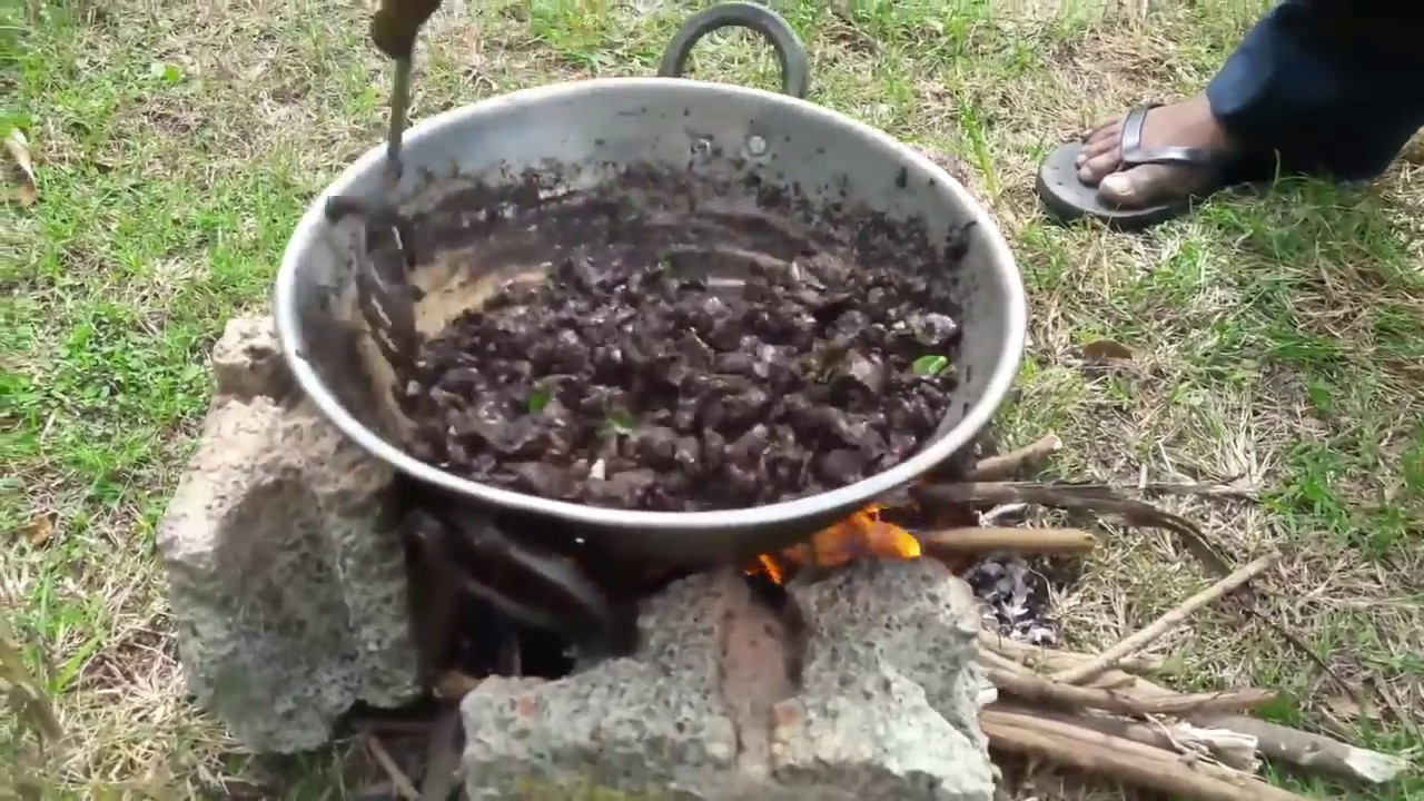 Mutton blood fry preparing in natural way village style cooking