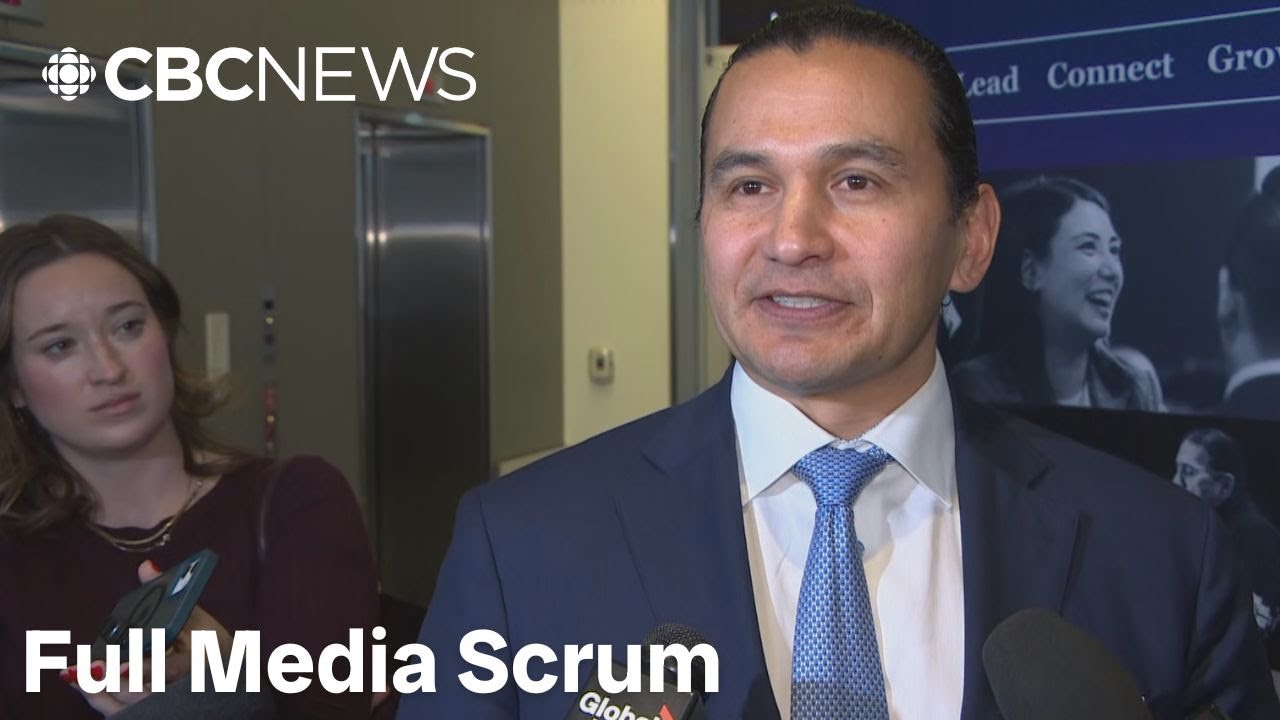 Manitoba Premier Wab Kinew speaks to reporters after annual state of the province address