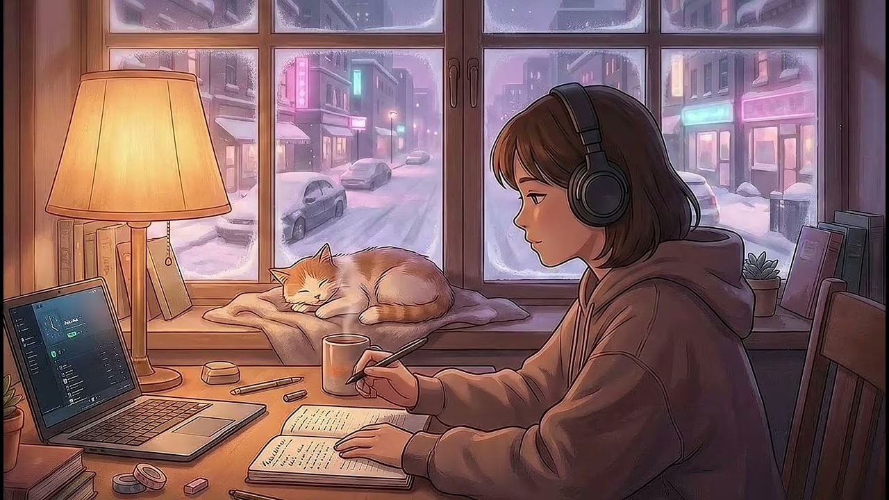 Winter Night Study Room ❄️📖 – cozy anime lofi for focus & calm work