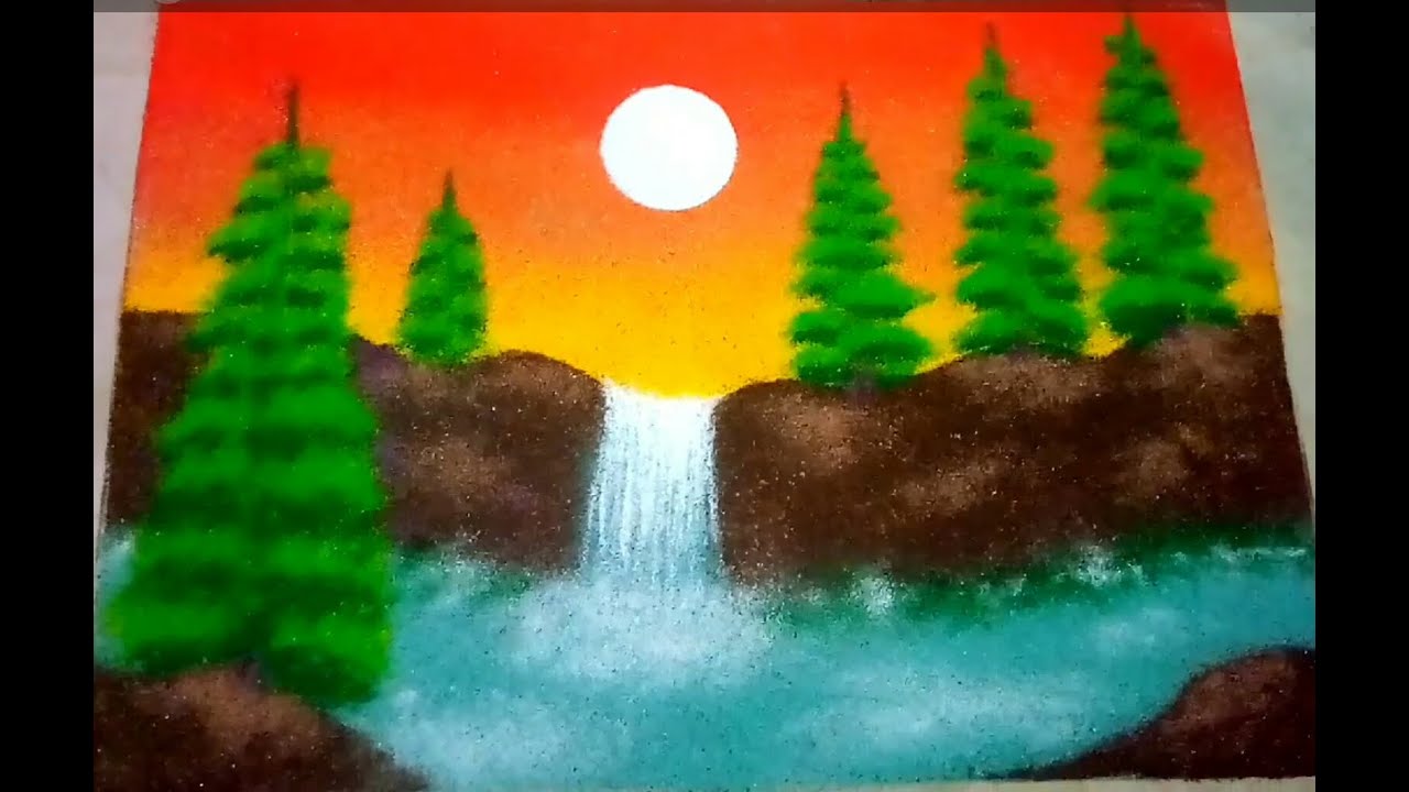 Poster rangoli design | waterfall rangoli | easy nature rangoli | पोस्टर रंगोली डिज़ाइन | muggulu