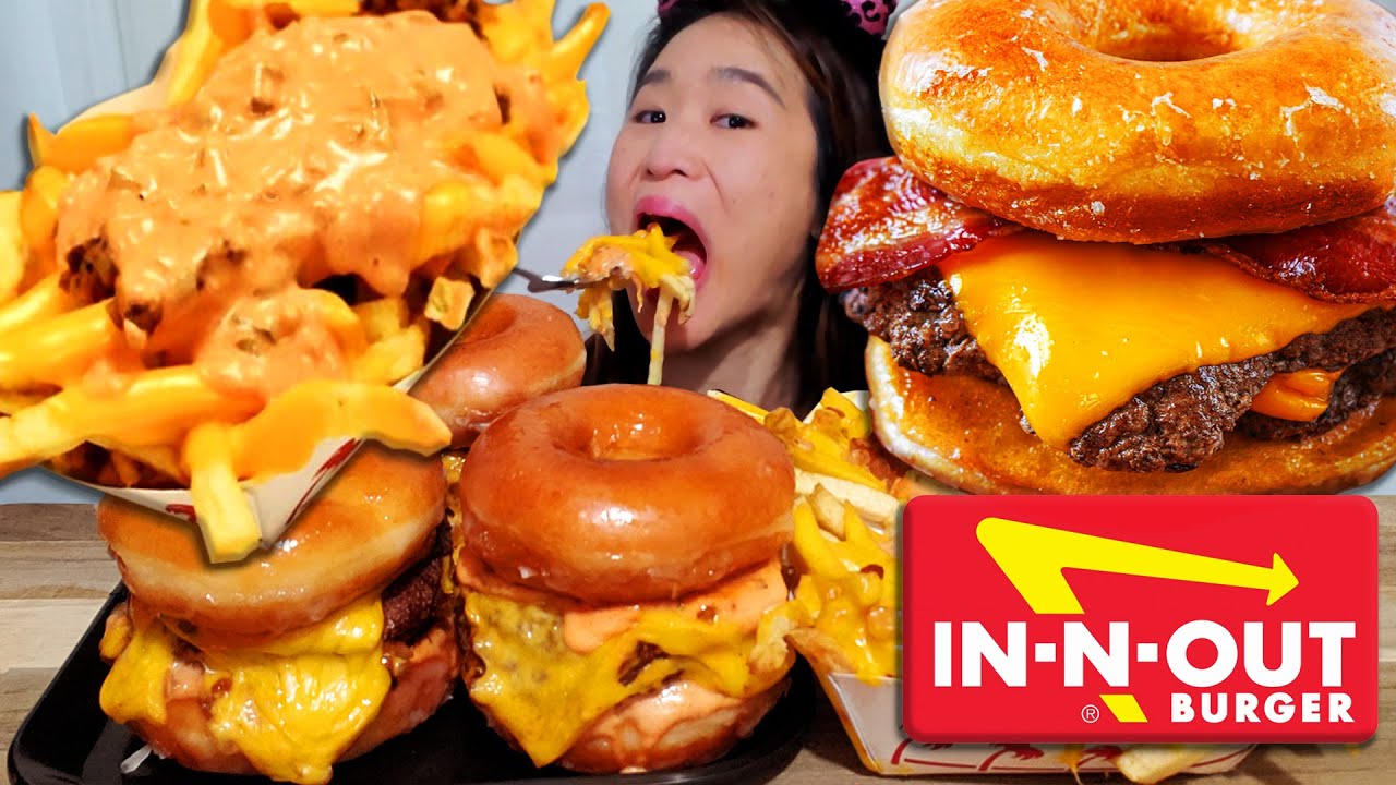 Insanely Good IN-N-OUT Donut Cheeseburger! Krispy Kreme Doughnut Burger, Animal Fries - Mukbang ASMR