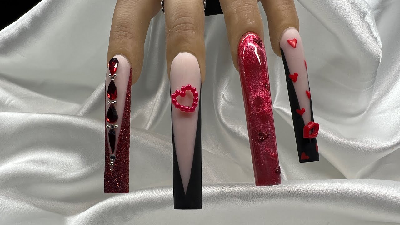 NOTPOLISH VIRAL MAGNET CATEYE HEART TOOL! HOW TO ACRYLIC NAILS RED/BLACK HEARTS/VALENTINE/SUGAR ART