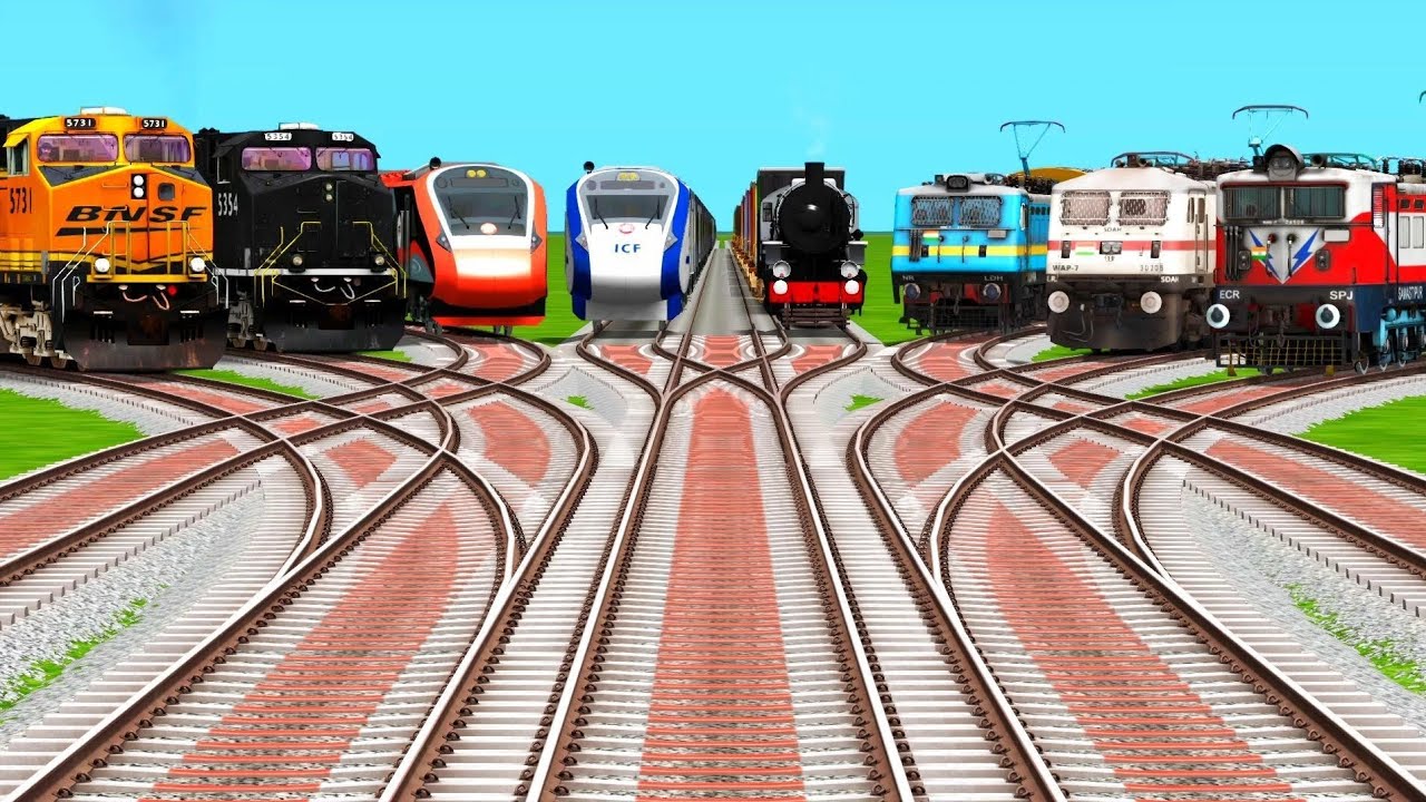 Eight Trains Bumpy Crossing at Curved Branched Railroad Tracks | Beamng Drive indian train simulator