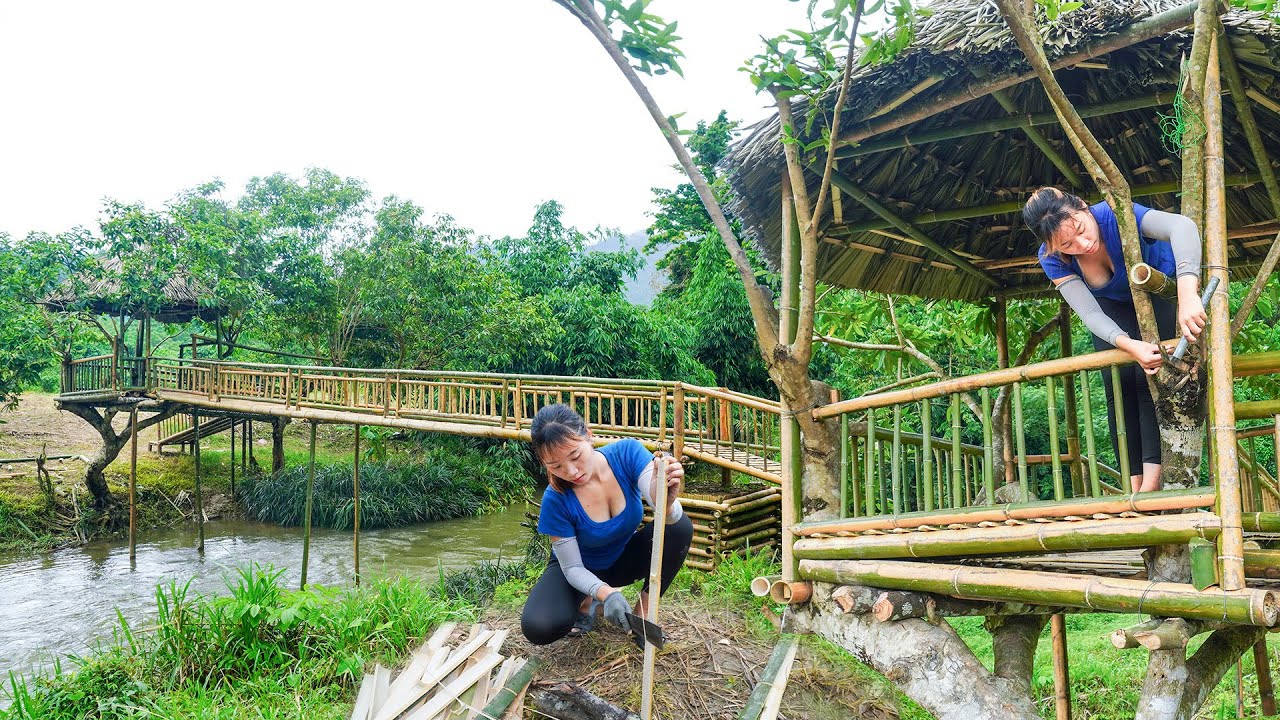 Building a Cabin On The Bridge - Build Bamboo Bridge To The Island Off Grid | Hoang Thu Hoai