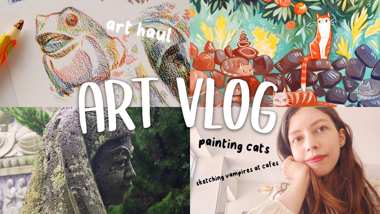 Art Vlog 🌸 painting a cat illustration, art haul & making prints | spring in Korea, Jeju Sketching