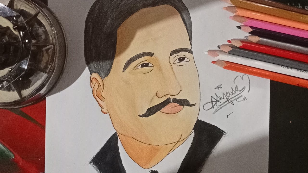 How to draw the drawing of ALLAMA IQBAL in  colour|| step by step drawing| @drawingwithahfasa1231