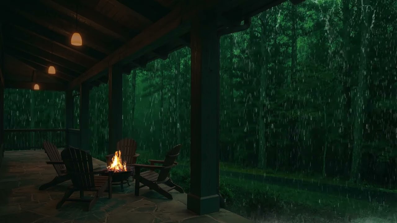 Heavy Rain and Warm Fireplace Ambience for Relaxation and Cozy Calm