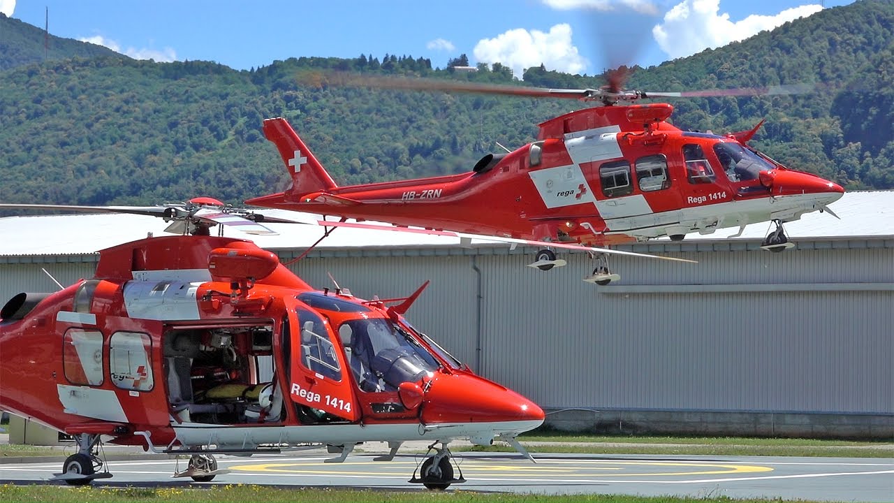 REGA Leonardo Agusta AW109SP Da Vinci HB-ZRN take off and landing at Locarno / Swiss Air Ambulance