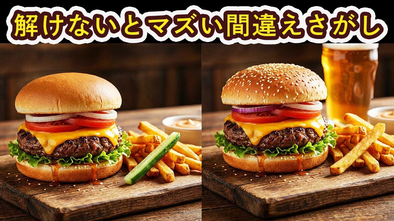 【脳トレ間違え探しクイズ】美味しそうな食事や面白イラストで頭に刺激を！記憶力向上・老化防止のためのトレーニング！