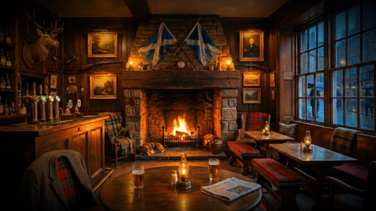 Scottish Highland Pub Ambience 🏴🔥 Cozy Fireplace, Bagpipes & Celtic Music for Relaxing