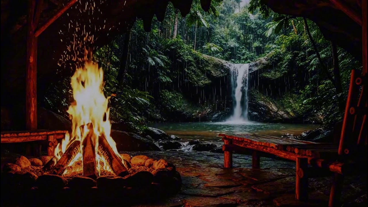 Relaxing Fireplace &  Gentle Cascade Ambience with Distant Birds | Cozy Hearth ASMR | Calm Focus