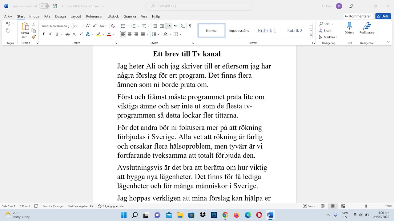 Ett brev till Tv kanal , insändare sfi kurs D - رسالة الى قناة تلفزيونية