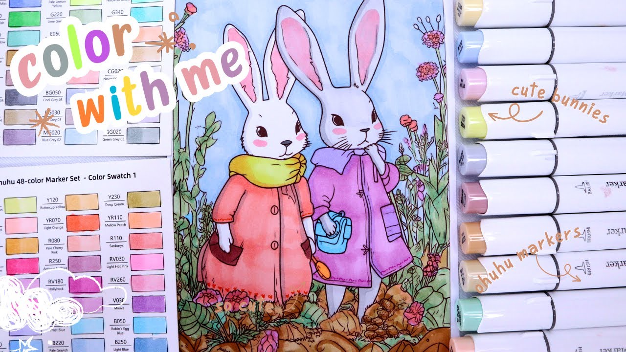 🐰 art vlog: coloring with ohuhu art markers // coloring cute bunnies #ohuhumarkers #ohuhuart