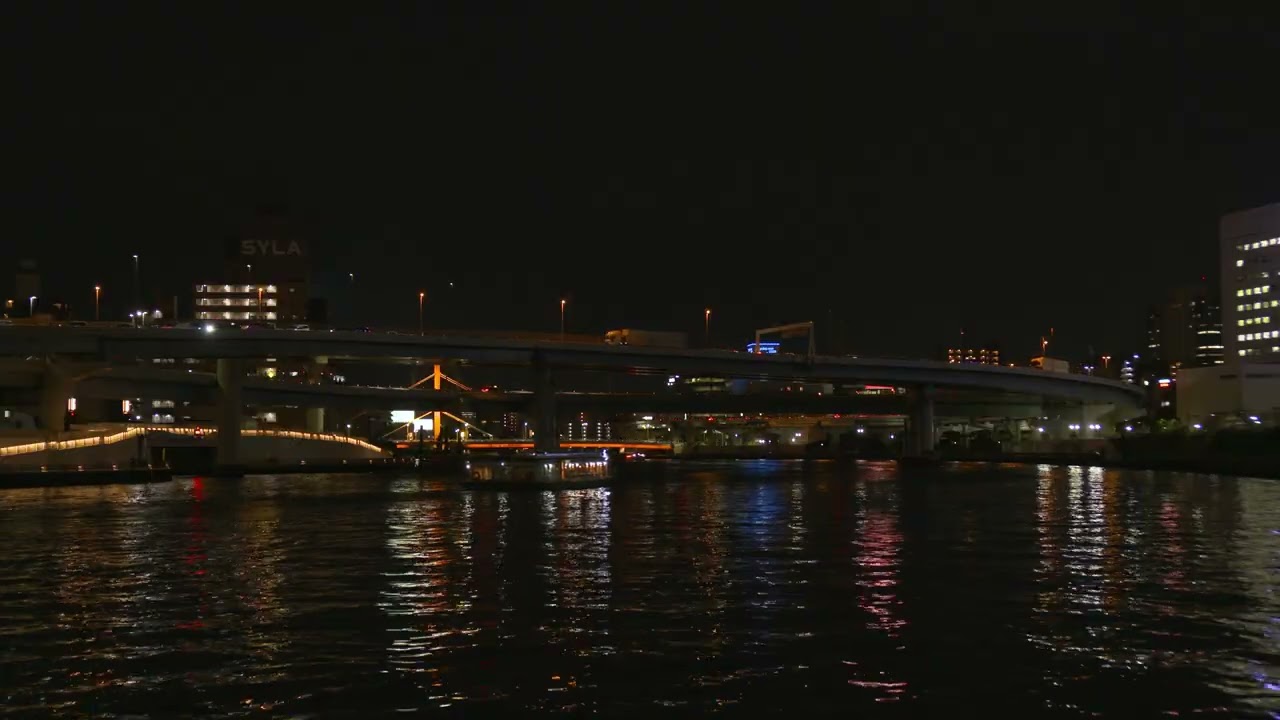 隅田川の夜景 両国橋付近 東京都中央区 【BGMなし同時録音環境音】
