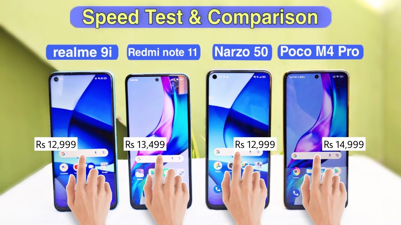 realme 9i vs redmi note 11 vs realme narzo 50 vs poco m4 pro speed test and comparison