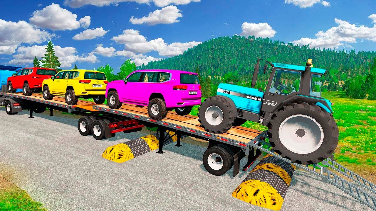 Triple Flatbed Trailer McQueen Transportation with Truck - Speedbumps vs Cars vs Train - BeamNG #7
