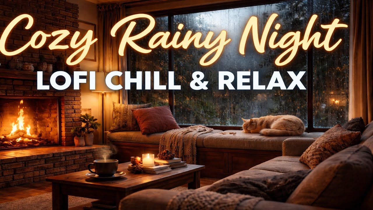 Cozy Rainy Night Fireplace 🔥 Lofi Chill & Relaxing Ambience